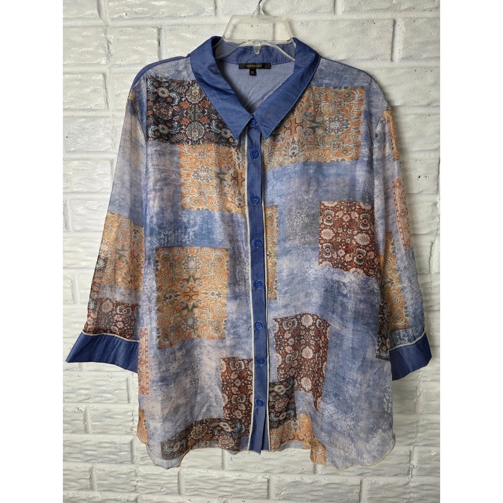 RADZOLI button up top Women's size 3X Semi sheet long sleeve blouse Wearable art